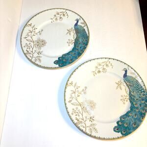 222 Fifth Peacock Garden Set 2 Dinner Plates Cottage Gold Turquoise